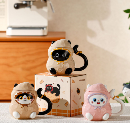 Cat Ceramic Coffee Mug – Mug with Lid & Spoon for Home Use