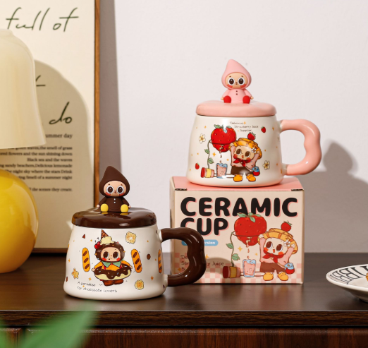 Cartoon “Pibo” Ceramic Mug with Lid – Cute Office Coffee Cup