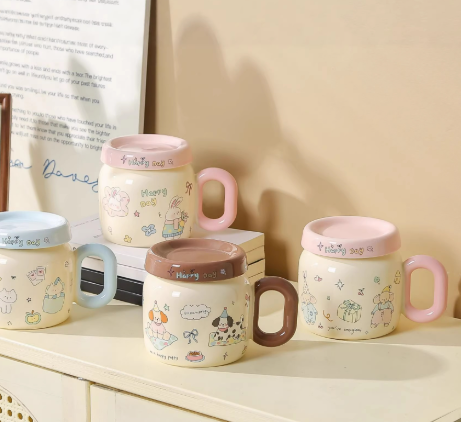 Cute Cartoon Ceramic Coffee Mug with Lid – Gift & Souvenir Cup