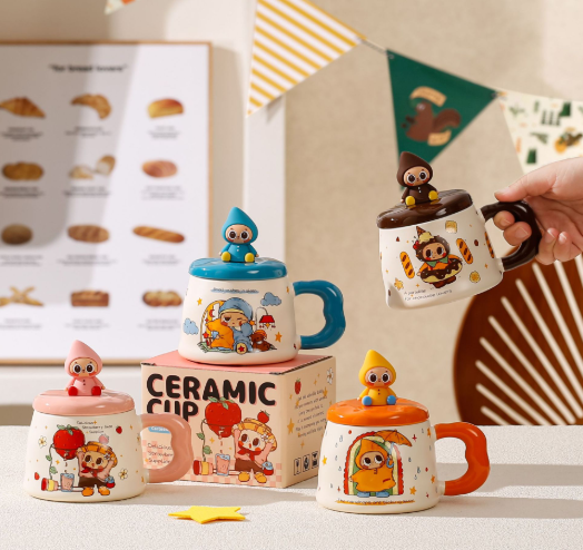 Cartoon “Pibo” Ceramic Mug with Lid – Cute Office Coffee Cup