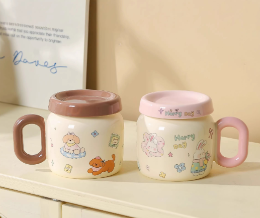 Cute Cartoon Ceramic Coffee Mug with Lid – Gift & Souvenir Cup
